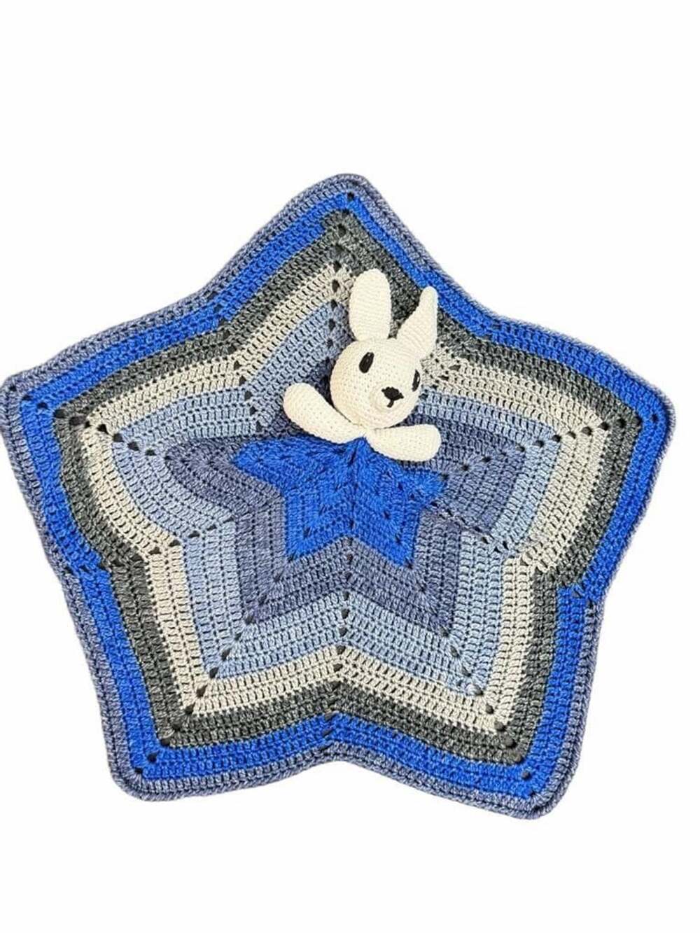 Handmade Crochet Bunny Star Lovey Blanket Blue Gray White